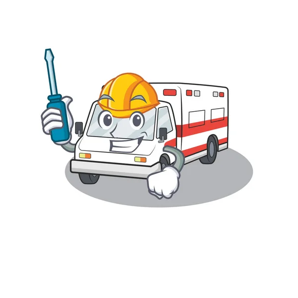 Ambulancia automotriz fresca en estilo de personaje de dibujos animados — Vector de stock