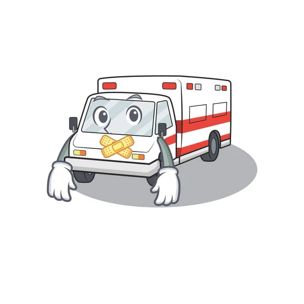 Un gesto silencioso de la mascota de la ambulancia de dibujos animados diseño de personajes — Vector de stock