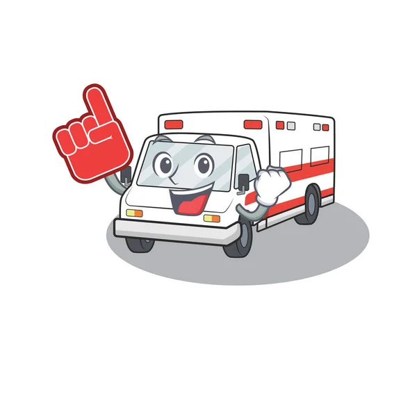 Krankenwagen-Maskottchen im Cartoon-Stil mit Schaumstofffinger — Stockvektor