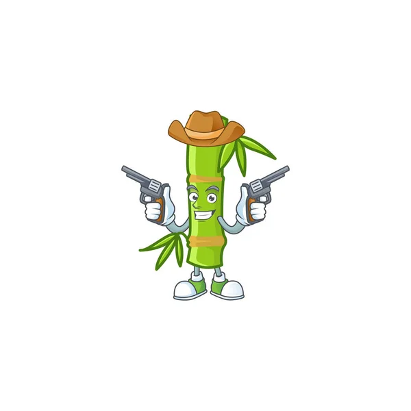 Confident bamboo stick Cowboy cartoon character holding guns — Stock Vector