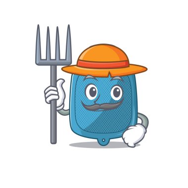 Neşeli çiftçi sıcak su torbası şapkalı ve aletli karikatür resmi