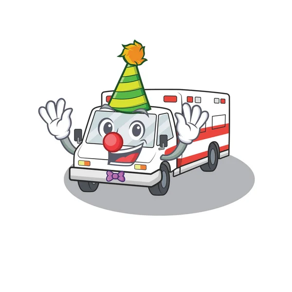 Divertido payaso ambulancia dibujos animados personaje mascota diseño — Vector de stock