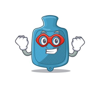 Süper kahraman gibi giyinmiş sıcak su torbası maskotu.