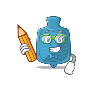 Öğrenci sıcak su torbası karakteri kalem tutarken bir resim.