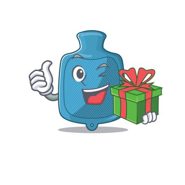 Hediye kutusuyla gülen sıcak su torbası karakteri