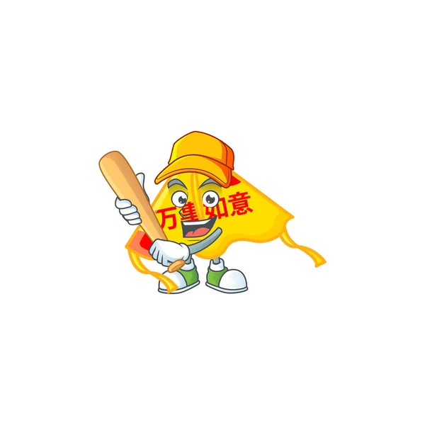 Esportivo sorrindo chinês pipa de ouro mascote dos desenhos animados com beisebol — Vetor de Stock