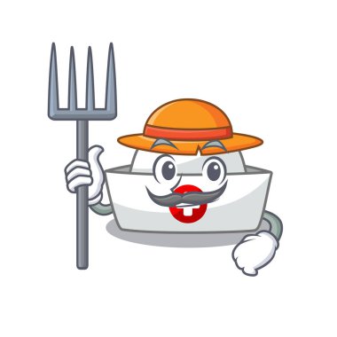 Neşeli Çiftçi hemşire şapkalı, şapkalı ve aletli bir çizgi film.