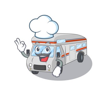 Campervan çizgi film karakteri şef olarak çalışıyor ve beyaz şapka takıyor.