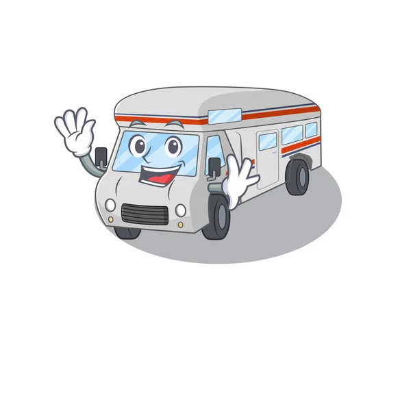 Waving friendly in campervan mascot design style — 스톡 벡터