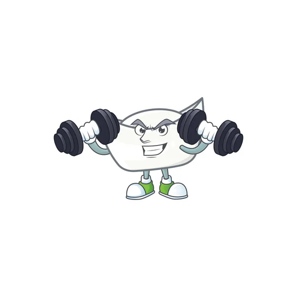 Chinese white ingot mascot icon on fitness exercise trying barbells — Stockový vektor
