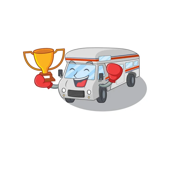Fantástico ganador de boxeo de autocaravana en el diseño de dibujos animados mascota — Vector de stock