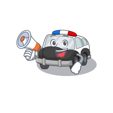 Polis arabasının maskotu megafonla konuşuyor.
