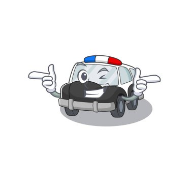 Göz kırpan polis arabasının şirin maskot çizimi.