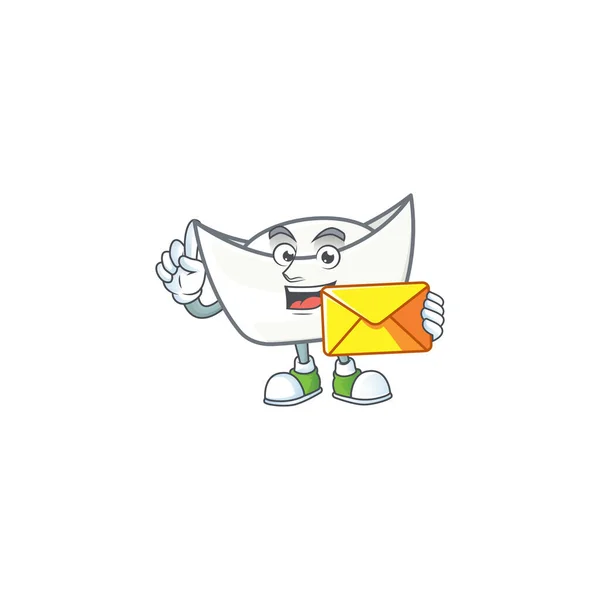 Happily chinese white ingot mascot design style with envelope — ストックベクタ