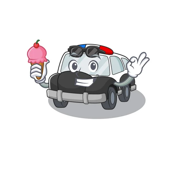 アイスクリーム付きの幸せな顔の警察の車の漫画デザイン — ストックベクタ