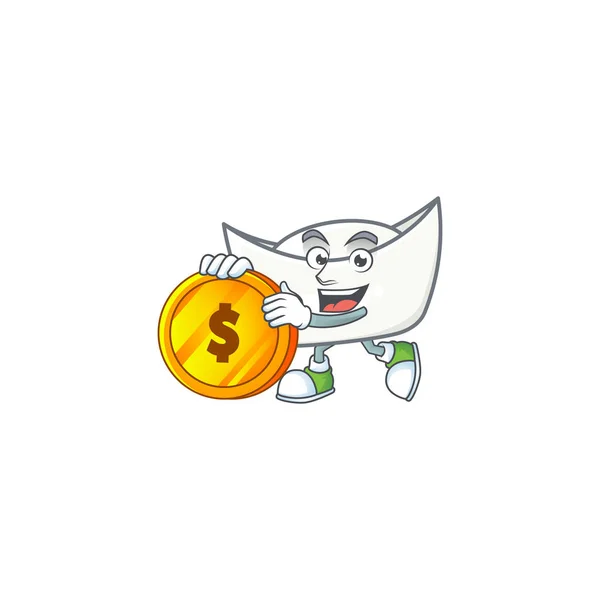 Um elegante lingote branco chinês mascote desenho animado com moeda de ouro — Vetor de Stock