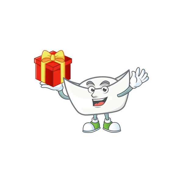 Personaje de dibujos animados de lingote blanco chino con una caja de regalo — Vector de stock
