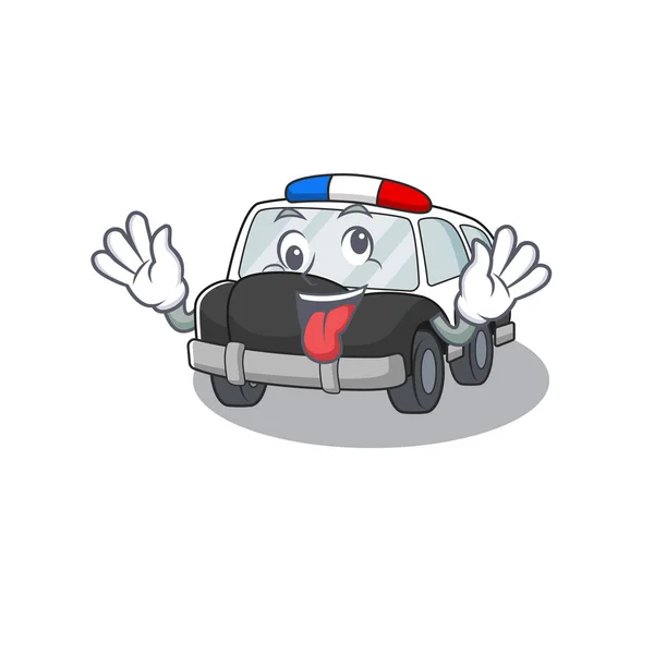 Roztomilé záludné policejní auto Cartoon postava s bláznivým obličejem — Stockový vektor