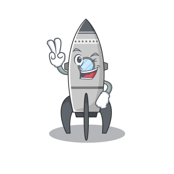 Maskot av rolig raket tecknad Karaktär med två fingrar — Stock vektor