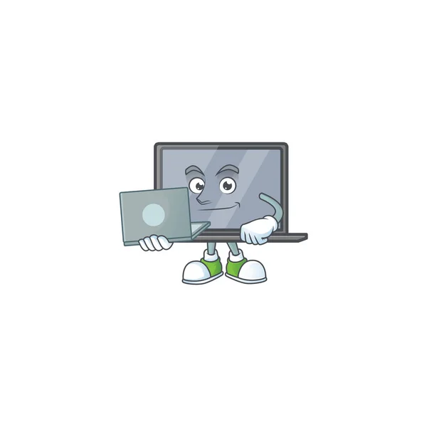 Ikona maskota chytrého monitoru pracující s laptopem — Stockový vektor