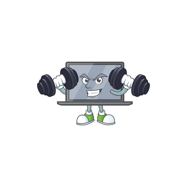 Monitor mascote ícone no exercício de fitness tentando barbells —  Vetores de Stock
