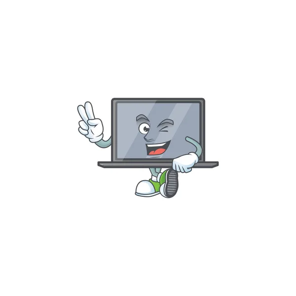 Linda imagen de la mascota de dibujos animados del monitor con dos dedos — Vector de stock