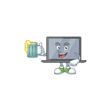 Smiley monitor mascot design holding a glass of beer
