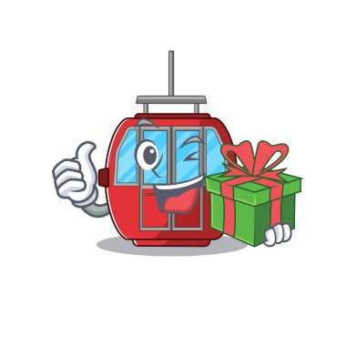 Happy ropeway character having a gift box