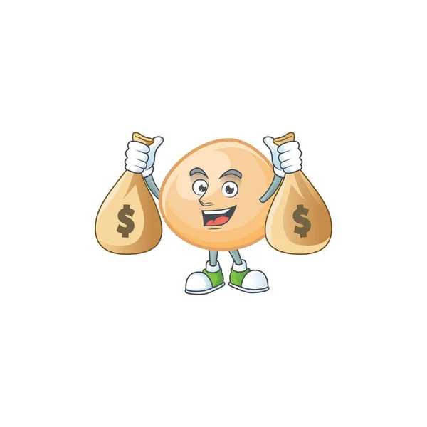 Obrázek bohaté hnědé hoppang kreslené postavičky se dvěma taškami na peníze — Stockový vektor