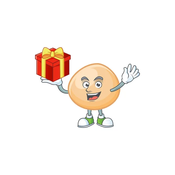 Cara feliz marrón hoppang personaje de dibujos animados que tiene una caja de regalo — Vector de stock