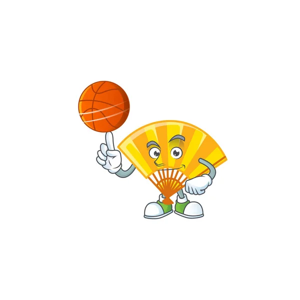 Un saludable oro chino plegable personaje de dibujos animados del ventilador jugando baloncesto — Vector de stock
