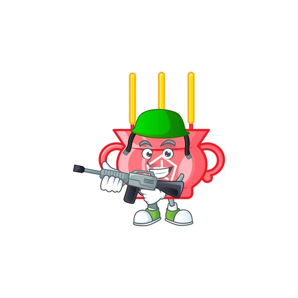 Personaje de cartón de incienso rojo chino en un uniforme del ejército con ametralladora — Vector de stock