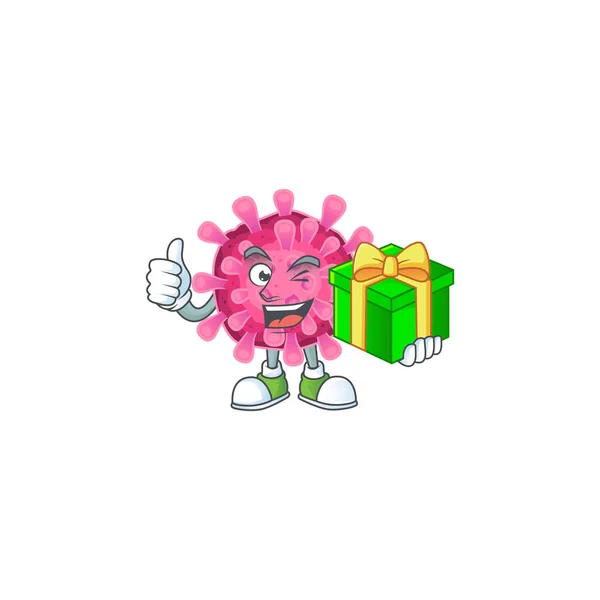 Smiley corona virus carácter con caja de regalo — Vector de stock