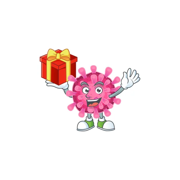 Cara feliz corona virus personaje de dibujos animados que tiene una caja de regalo — Vector de stock
