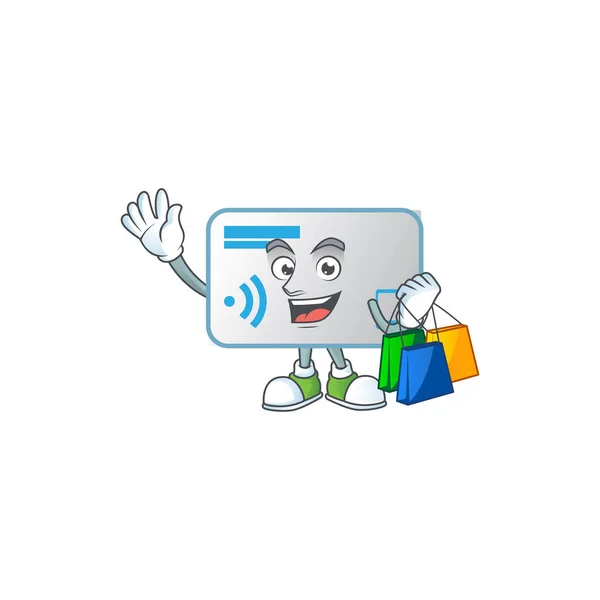 Een rijke Nfc kaart cartoon ontwerp zwaaien en houden Shopping bag — Stockvector