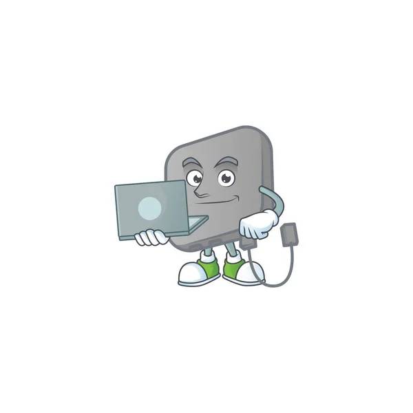 Un icono inteligente de la mascota del banco de energía que trabaja con el ordenador portátil — Vector de stock