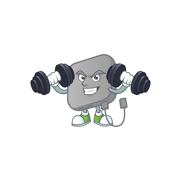Ícone mascote banco de potência no exercício de fitness tentando barbells — Vetor de Stock