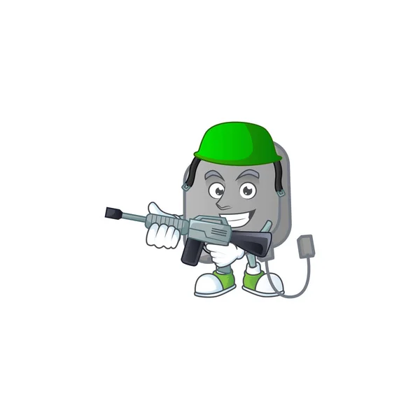 Diseño de la mascota del banco de energía en un uniforme del ejército con ametralladora — Vector de stock