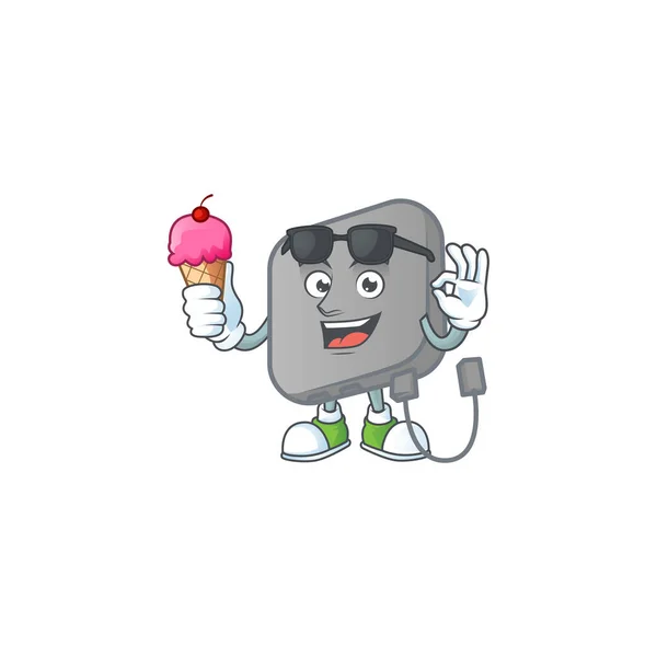 Poder banco mascota de dibujos animados estilo comer un helado — Vector de stock