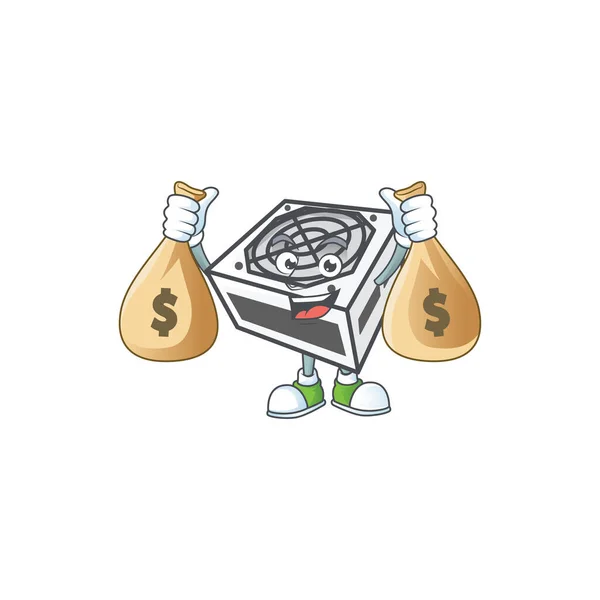 Una imagen linda de la unidad de fuente de alimentación personaje de dibujos animados de color blanco con bolsas de dinero — Vector de stock