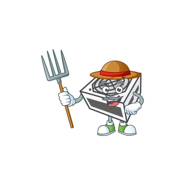 Dulce Farmer fuente de alimentación de color blanco mascota de dibujos animados con sombrero y herramientas — Vector de stock