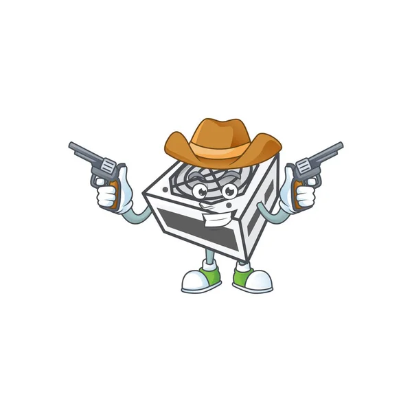 El valiente de la unidad de fuente de alimentación de color blanco personaje de dibujos animados Cowboy sosteniendo armas — Vector de stock