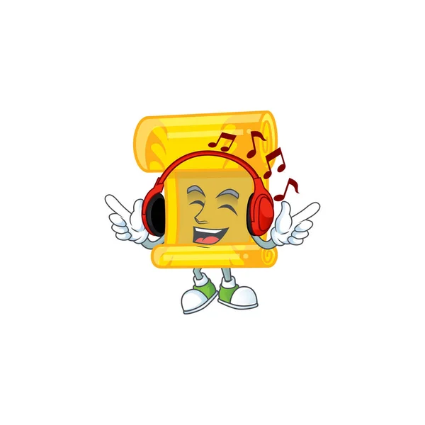 Ouvindo música chinês ouro rolagem mascote desenho animado personagem — Vetor de Stock