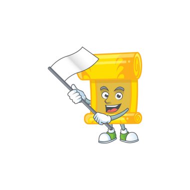 Komik Çin altın tomarı çizgi film karakteri tarzı ayakta duran bir bayrak taşıyor.