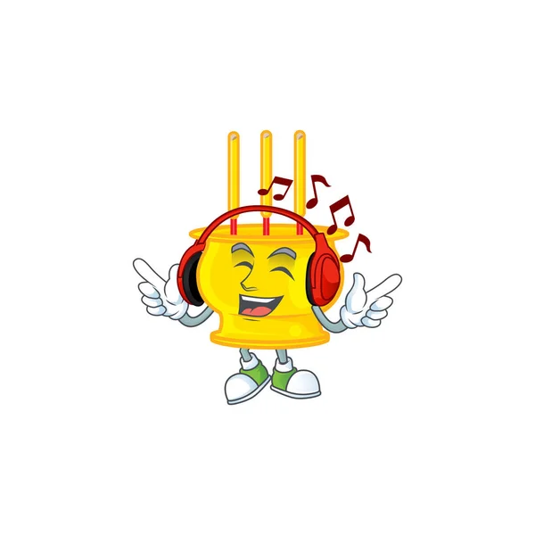 Ouvindo música chinesa incenso de ouro mascote desenho animado personagem — Vetor de Stock