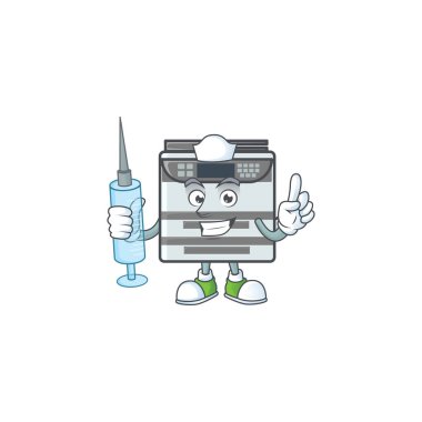 Gülen hemşire profesyonel ofis fotokopi makinesi şırıngalı çizgi film karakteri