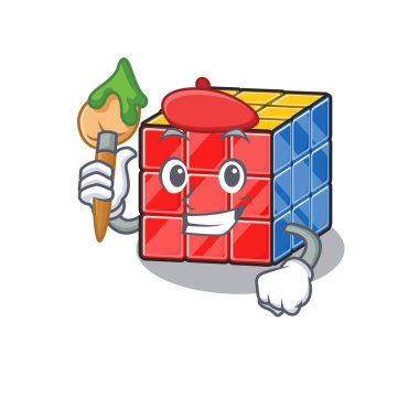 Rubik küpün fırçası olan bir sanatçı olarak şirin bir resmi.