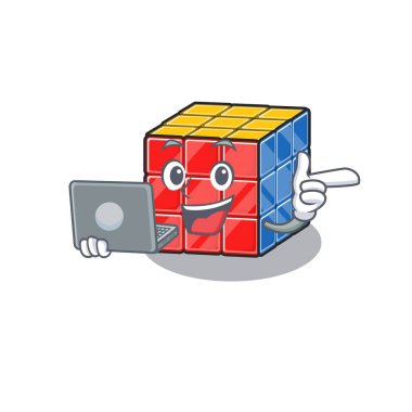 Dizüstü bilgisayarla çalışan havalı rubik küp karakteri