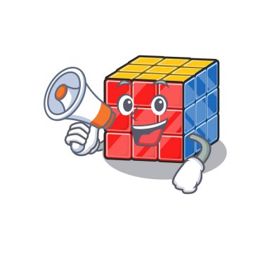 Megafonla konuşan bir rubik küp maskotu.