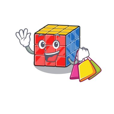 Dost canlısı zengin bir rubik küp el sallıyor ve alışveriş torbası tutuyor.